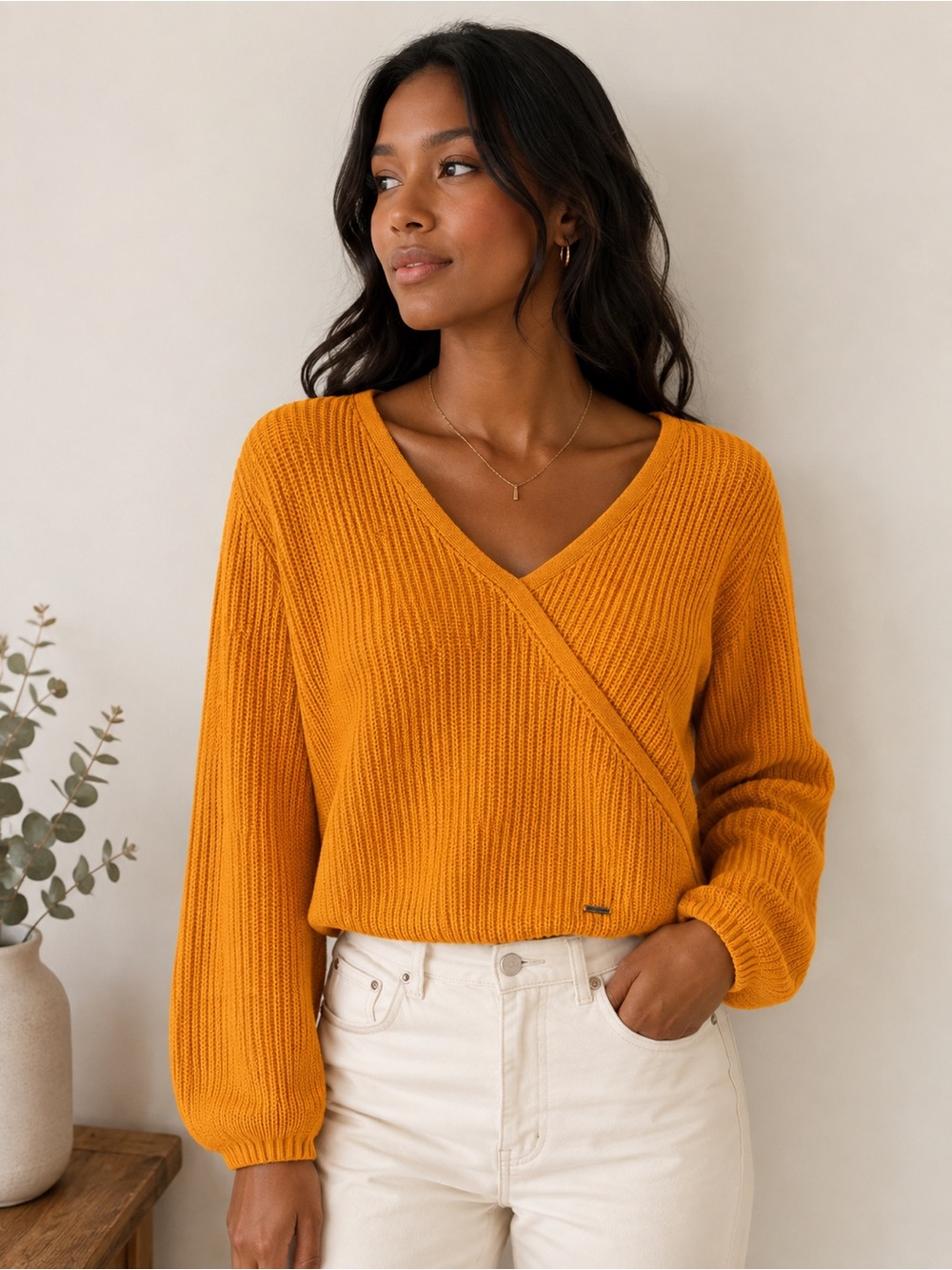 Hollister Mustard Wrap Knit Sweater | Size Small | Cotton | Fall